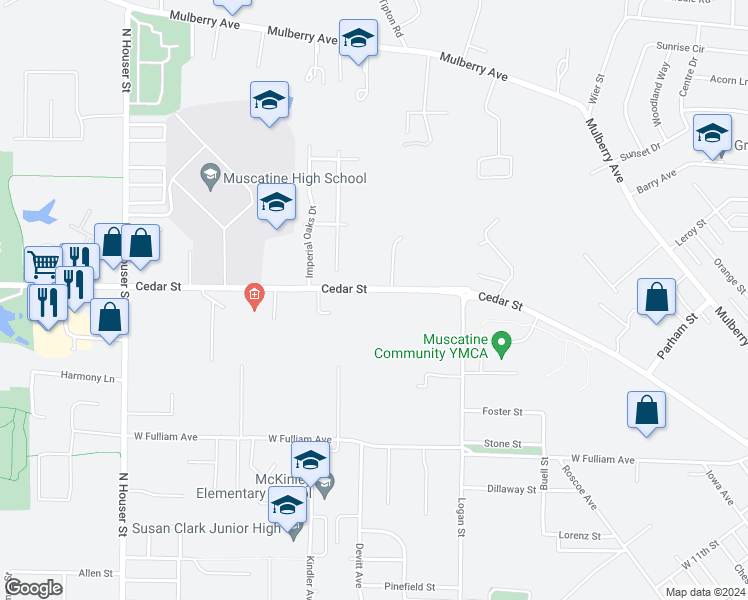 map of restaurants, bars, coffee shops, grocery stores, and more near 2012 Cedar Street in Muscatine