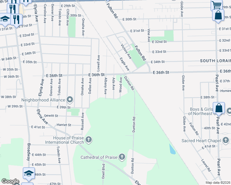 map of restaurants, bars, coffee shops, grocery stores, and more near 3727 Ada Avenue in Lorain
