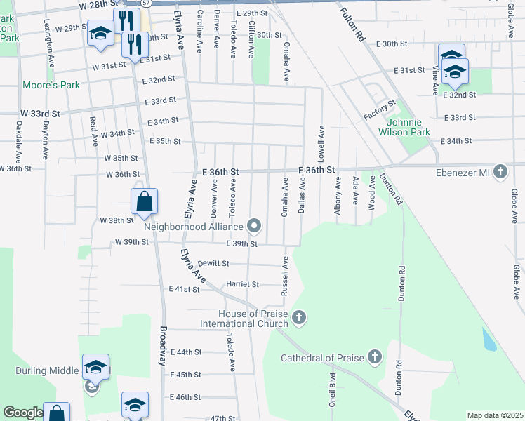 map of restaurants, bars, coffee shops, grocery stores, and more near 3728 Canton Avenue in Lorain