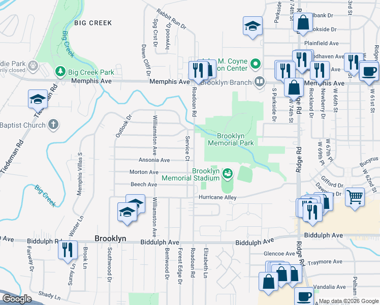 map of restaurants, bars, coffee shops, grocery stores, and more near 4421 Roadoan Road in Brooklyn