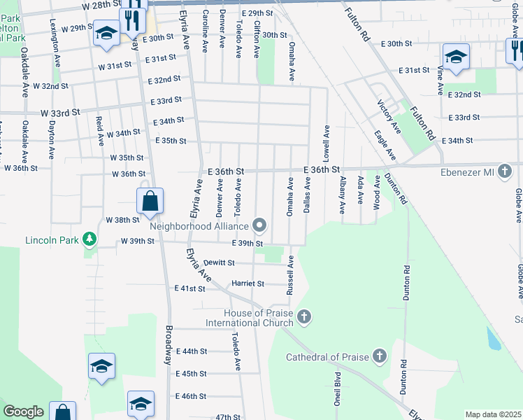 map of restaurants, bars, coffee shops, grocery stores, and more near 3716 Canton Avenue in Lorain