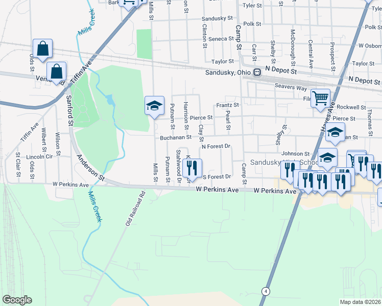 map of restaurants, bars, coffee shops, grocery stores, and more near 1705 North Forest Drive in Sandusky