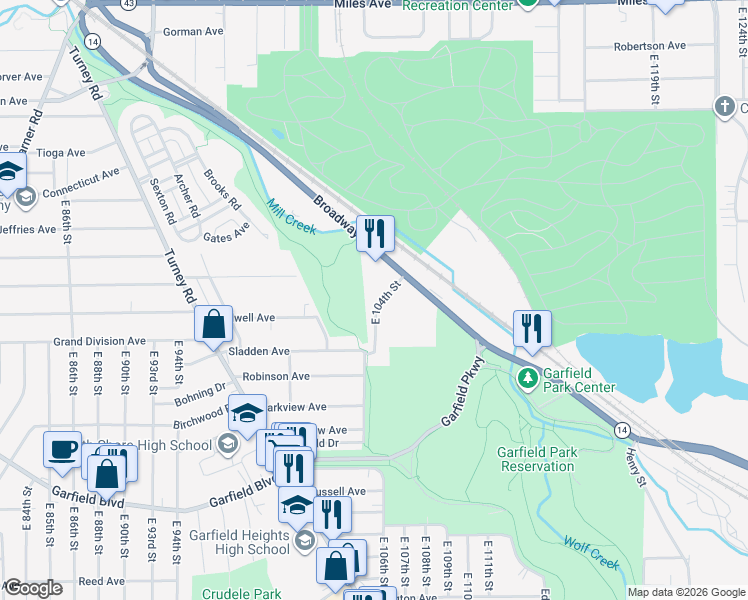 map of restaurants, bars, coffee shops, grocery stores, and more near 4550 East 104th Street in Garfield Heights