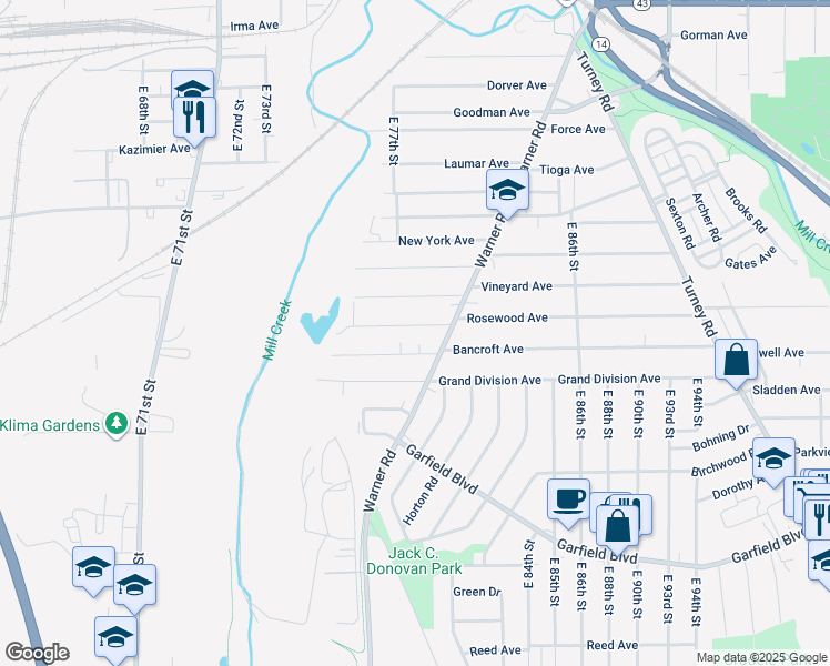 map of restaurants, bars, coffee shops, grocery stores, and more near 7819 Rosewood Avenue in Cleveland