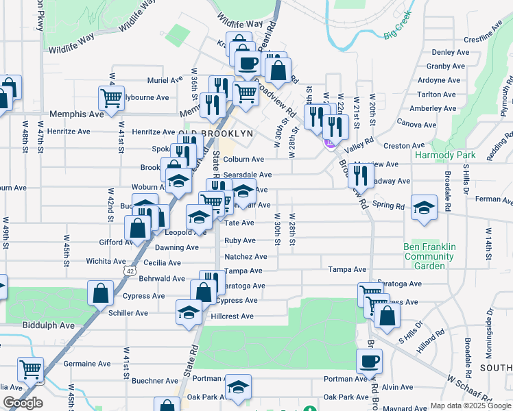map of restaurants, bars, coffee shops, grocery stores, and more near 3211 Roanoke Avenue in Cleveland