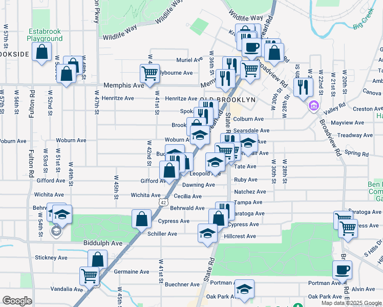 map of restaurants, bars, coffee shops, grocery stores, and more near 4396 Ohio 3 in Cleveland