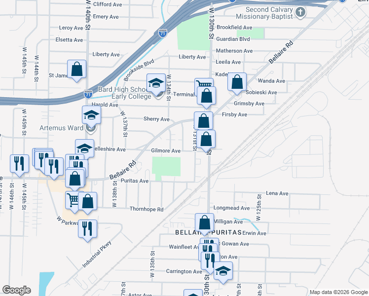 map of restaurants, bars, coffee shops, grocery stores, and more near 4346 West 131st Street in Cleveland