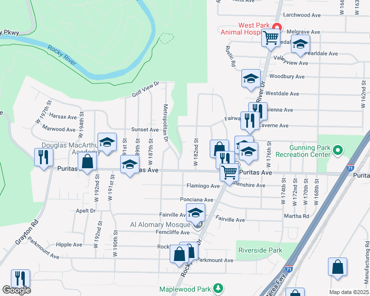 map of restaurants, bars, coffee shops, grocery stores, and more near 4381 Fairway Drive in Cleveland