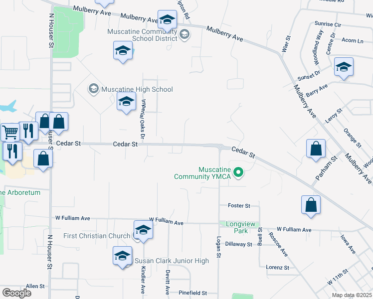 map of restaurants, bars, coffee shops, grocery stores, and more near in Muscatine