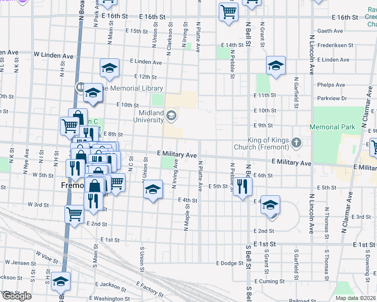 map of restaurants, bars, coffee shops, grocery stores, and more near 740 North Irving Street in Fremont