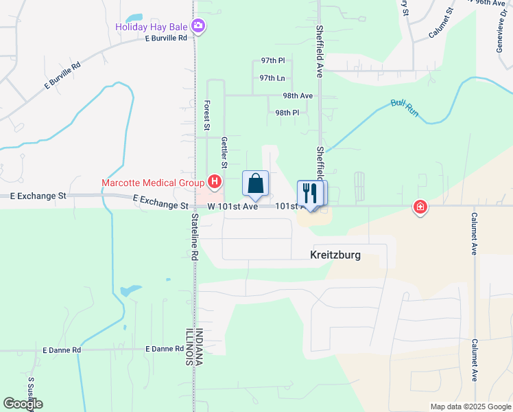 map of restaurants, bars, coffee shops, grocery stores, and more near 15177 West 101st Avenue in Dyer