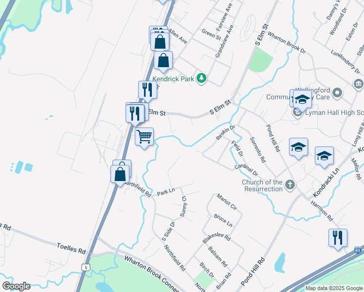 map of restaurants, bars, coffee shops, grocery stores, and more near 610 South Elm Street in Wallingford