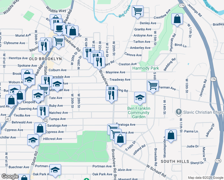 map of restaurants, bars, coffee shops, grocery stores, and more near 2044 Broadview Road in Cleveland
