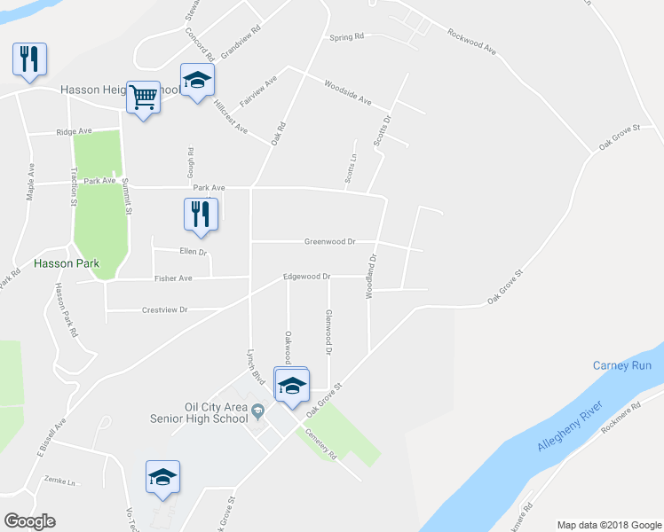 map of restaurants, bars, coffee shops, grocery stores, and more near 22 Edgewood Drive in Oil City