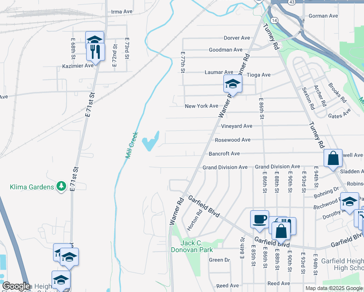 map of restaurants, bars, coffee shops, grocery stores, and more near 7720 Rosewood Avenue in Cleveland