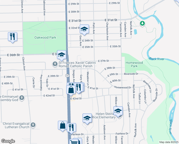map of restaurants, bars, coffee shops, grocery stores, and more near 3851 Meadow Lane in Lorain