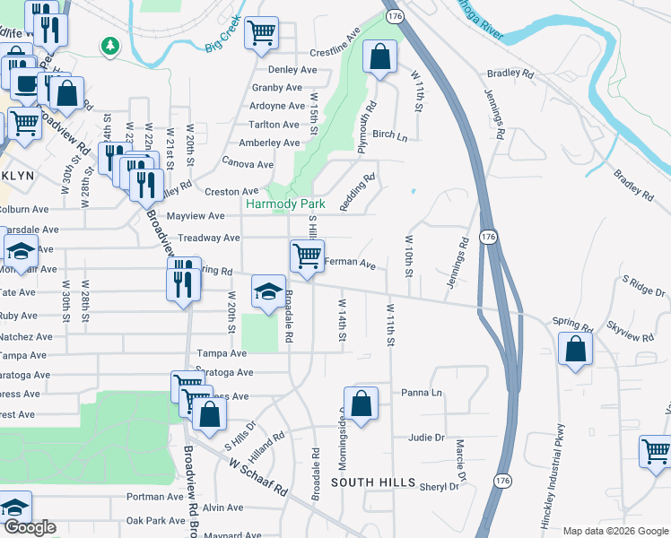 map of restaurants, bars, coffee shops, grocery stores, and more near 1502 Ferman Avenue in Cleveland
