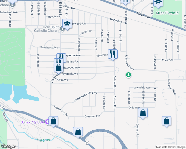 map of restaurants, bars, coffee shops, grocery stores, and more near 13819 Saybrook Avenue in Garfield Heights