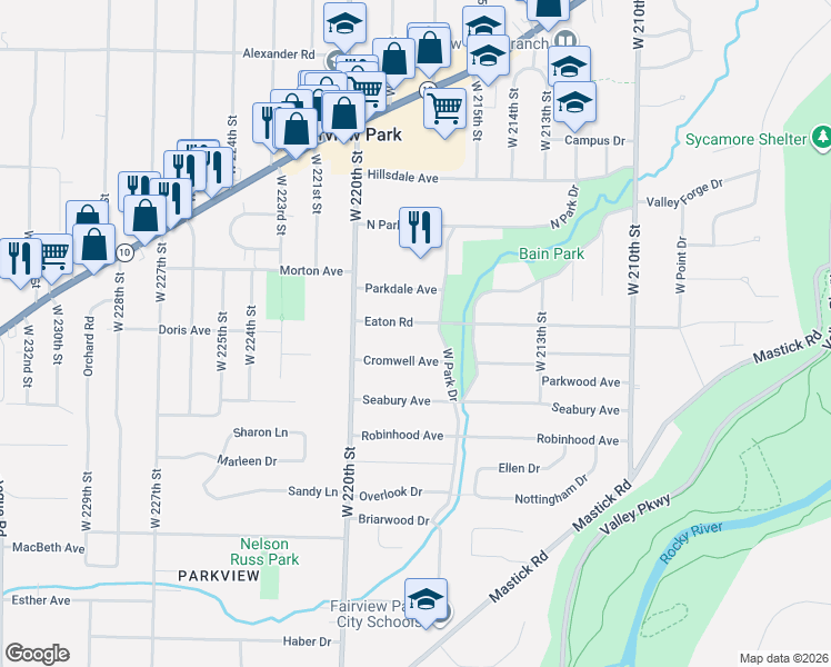 map of restaurants, bars, coffee shops, grocery stores, and more near in Fairview Park
