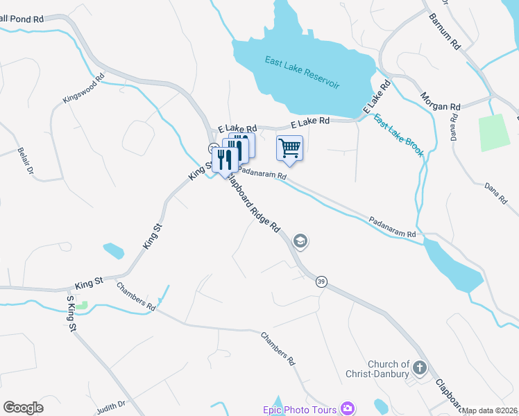 map of restaurants, bars, coffee shops, grocery stores, and more near 205 Clapboard Ridge Road in Danbury