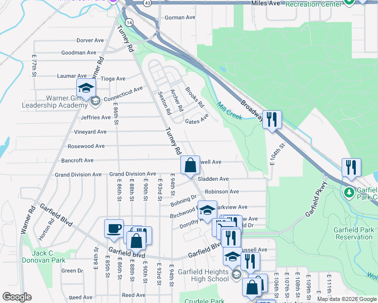 map of restaurants, bars, coffee shops, grocery stores, and more near 4537 Turney Road in Cleveland