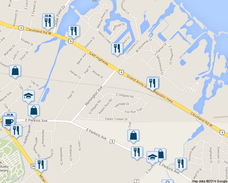 map of restaurants, bars, coffee shops, grocery stores, and more near 1945 East Oldgate Road in Sandusky