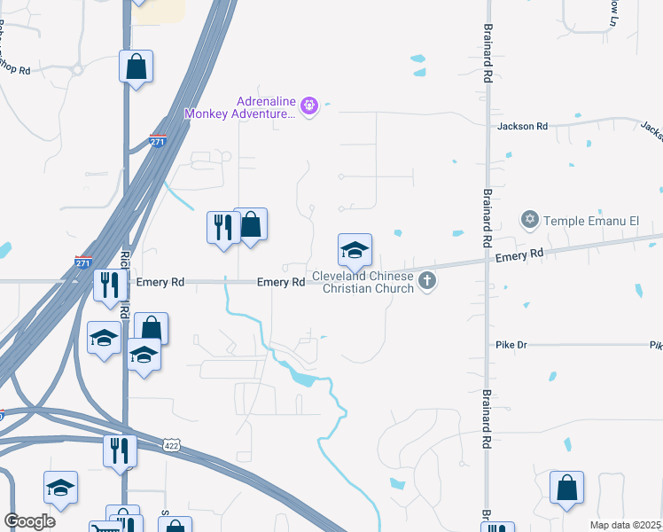 map of restaurants, bars, coffee shops, grocery stores, and more near 27099 Emery Road in Cleveland