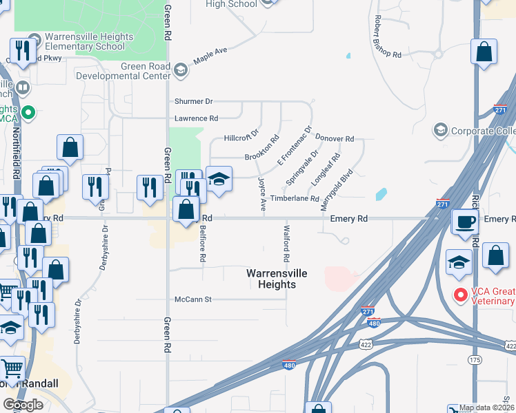map of restaurants, bars, coffee shops, grocery stores, and more near 4568 Joyce Avenue in Warrensville Heights