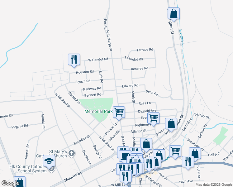 map of restaurants, bars, coffee shops, grocery stores, and more near 418 North Saint Marys Street in St. Marys