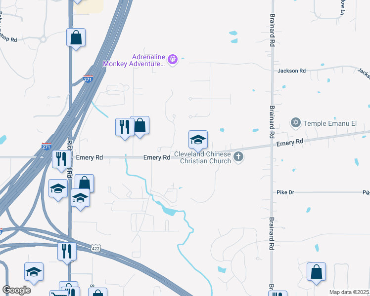 map of restaurants, bars, coffee shops, grocery stores, and more near 27099 Emery Road in Cleveland