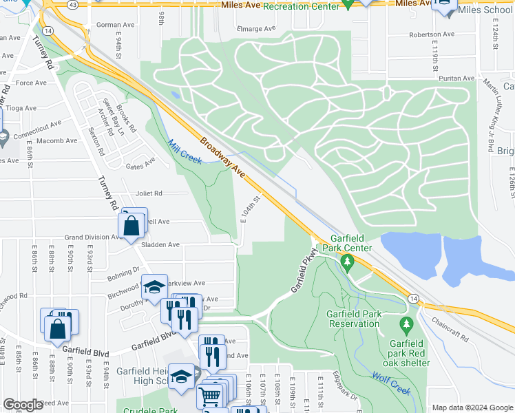 map of restaurants, bars, coffee shops, grocery stores, and more near 10650 Broadway Avenue in Garfield Heights