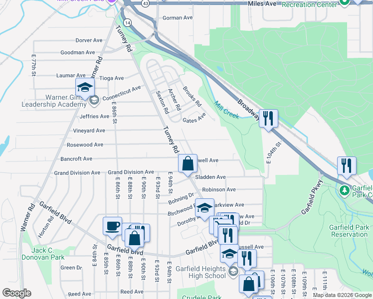map of restaurants, bars, coffee shops, grocery stores, and more near 4537 Turney Road in Cleveland
