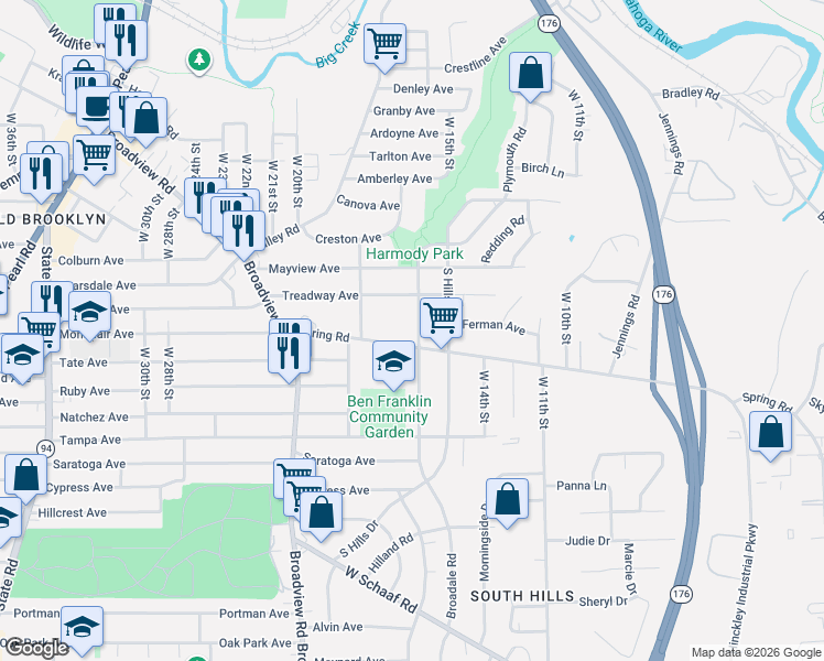 map of restaurants, bars, coffee shops, grocery stores, and more near 1800 Spring Road in Cleveland