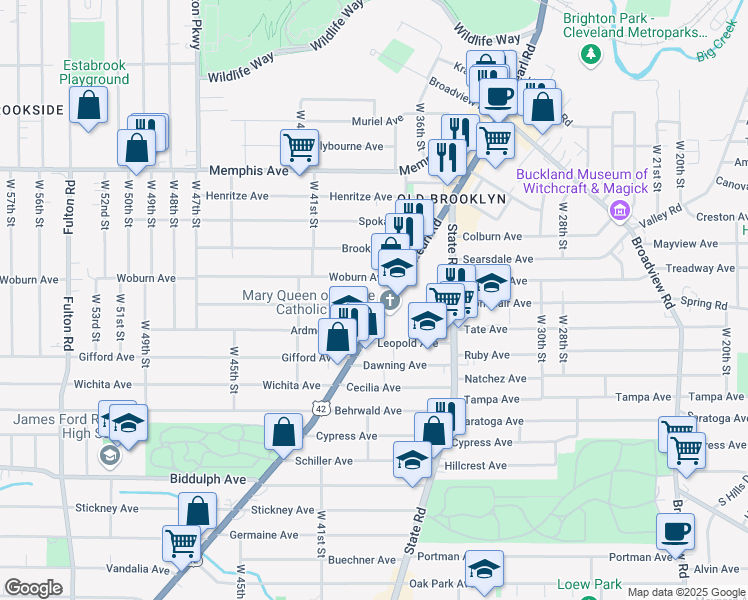 map of restaurants, bars, coffee shops, grocery stores, and more near 3910 Bucyrus Avenue in Cleveland