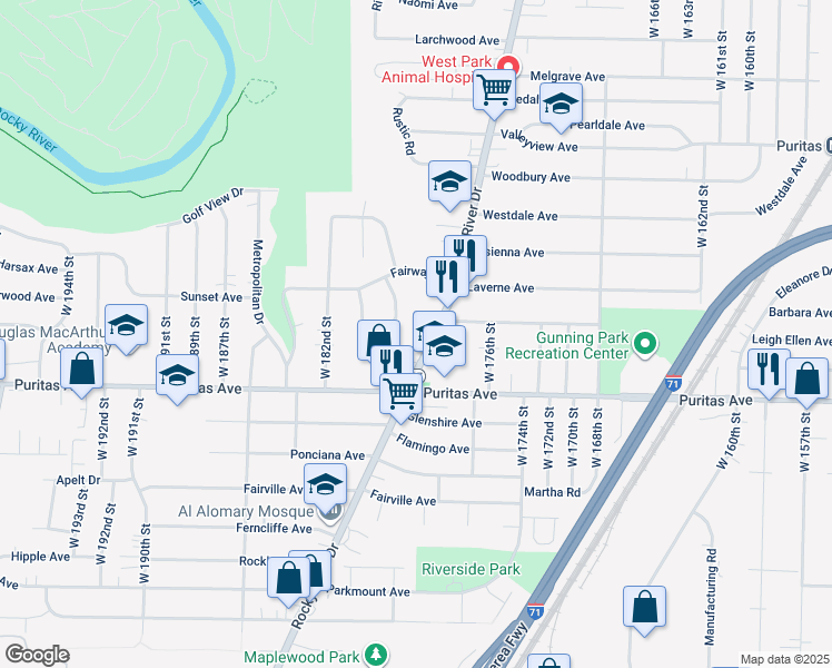 map of restaurants, bars, coffee shops, grocery stores, and more near 4384 Rocky River Drive in Cleveland