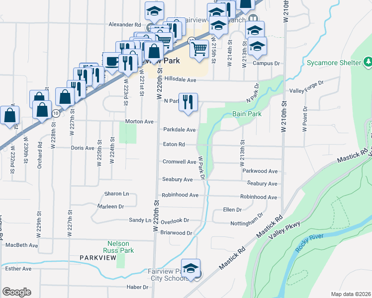 map of restaurants, bars, coffee shops, grocery stores, and more near in Fairview Park