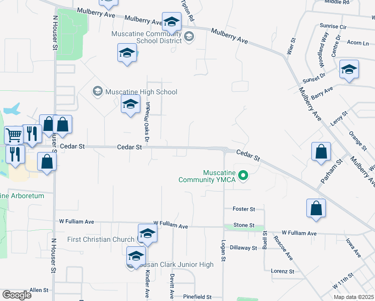map of restaurants, bars, coffee shops, grocery stores, and more near in Muscatine