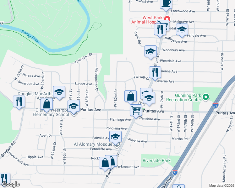 map of restaurants, bars, coffee shops, grocery stores, and more near 4379 West 182nd Street in Cleveland