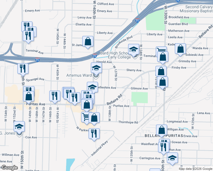 map of restaurants, bars, coffee shops, grocery stores, and more near 13806 Belleshire Avenue in Cleveland
