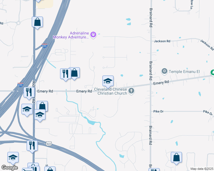 map of restaurants, bars, coffee shops, grocery stores, and more near 27099 Emery Road in Cleveland