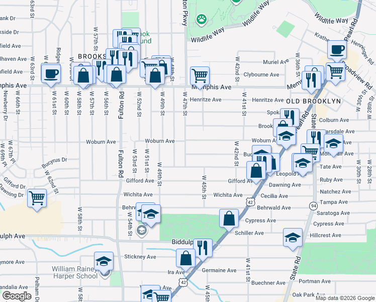 map of restaurants, bars, coffee shops, grocery stores, and more near 4616 Bucyrus Avenue in Cleveland