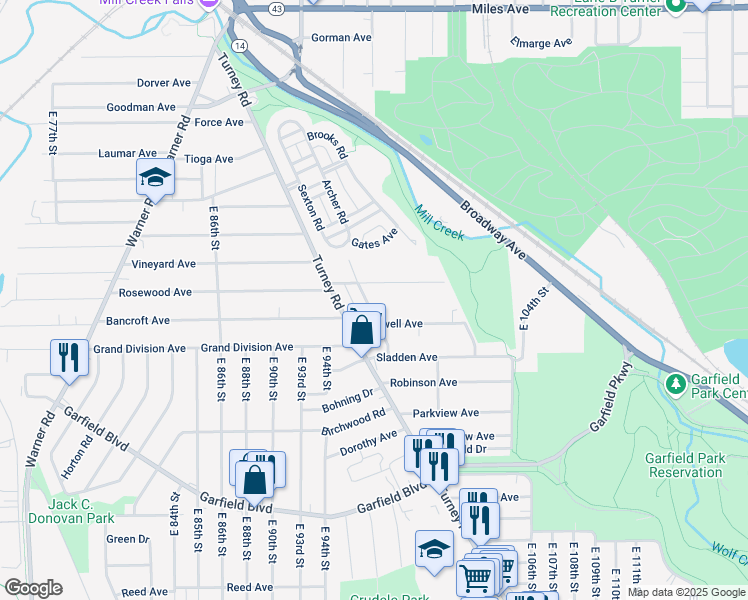 map of restaurants, bars, coffee shops, grocery stores, and more near 9624 Rosewood Avenue in Cleveland