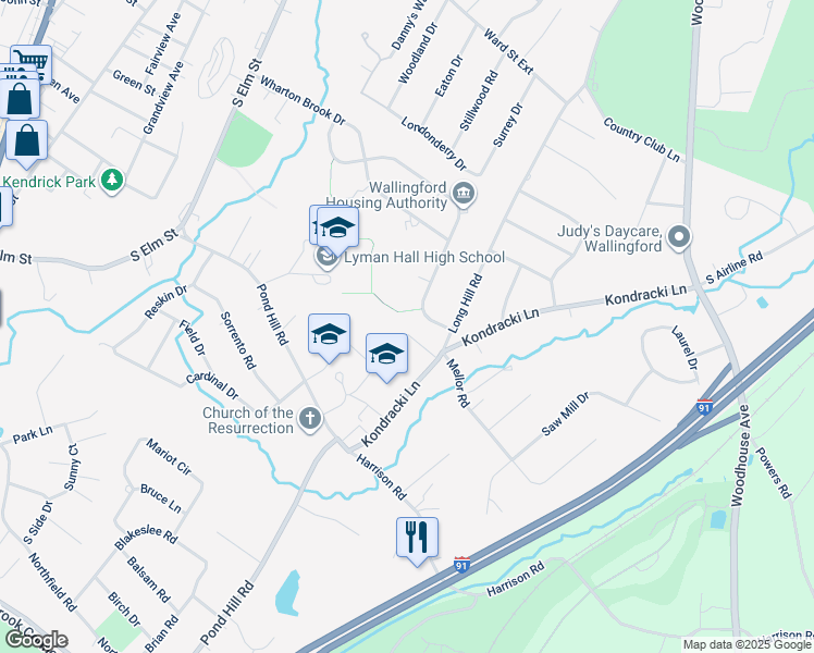 map of restaurants, bars, coffee shops, grocery stores, and more near 40 Kondracki Lane in Wallingford