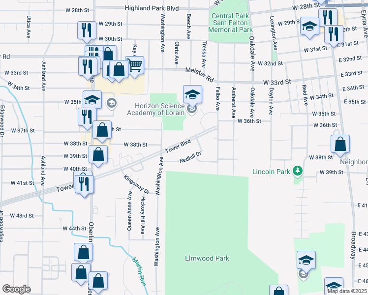 map of restaurants, bars, coffee shops, grocery stores, and more near 823 Tower Boulevard in Lorain
