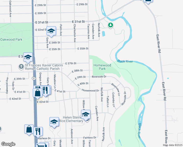 map of restaurants, bars, coffee shops, grocery stores, and more near 3823 Tacoma Avenue in Lorain