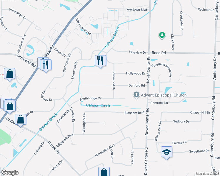 map of restaurants, bars, coffee shops, grocery stores, and more near 27550 Dunford Road in Westlake