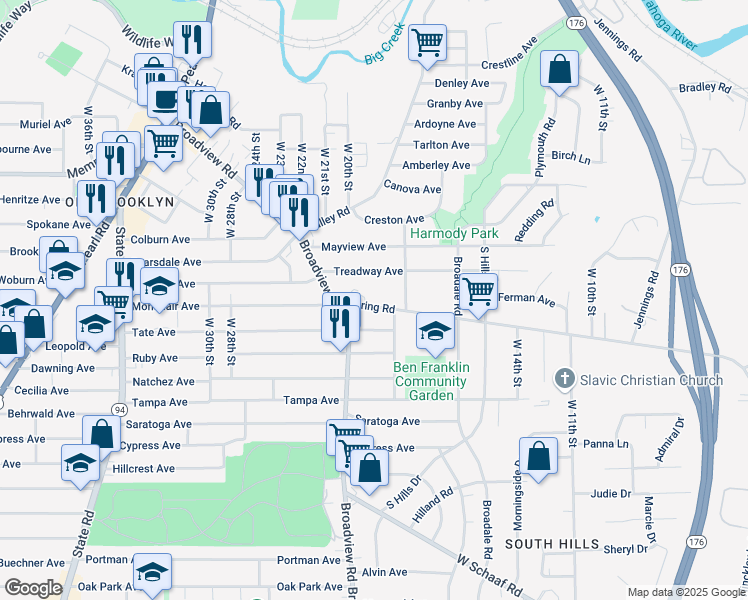 map of restaurants, bars, coffee shops, grocery stores, and more near 2022 Spring Road in Cleveland