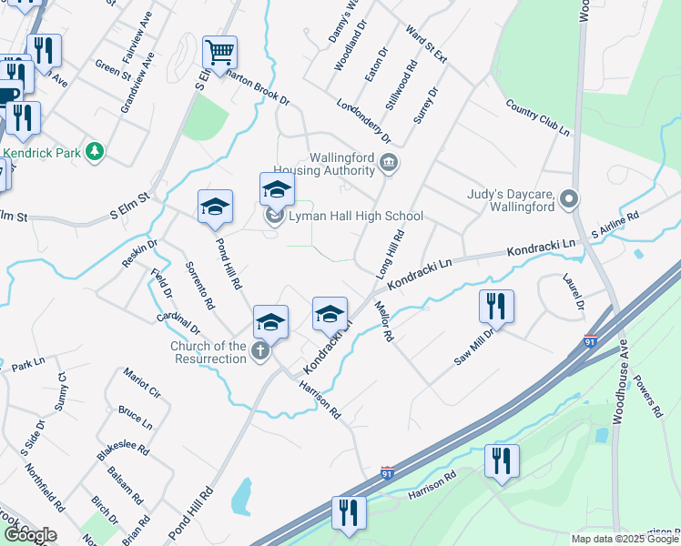 map of restaurants, bars, coffee shops, grocery stores, and more near 40 Kondracki Lane in Wallingford