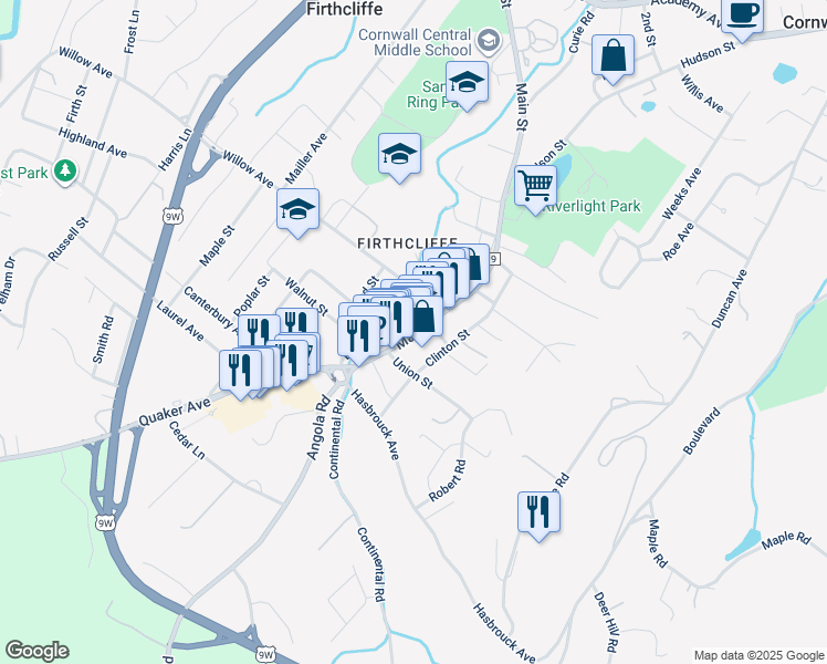map of restaurants, bars, coffee shops, grocery stores, and more near 257 Main Street in Cornwall