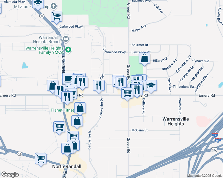 map of restaurants, bars, coffee shops, grocery stores, and more near 22935 Newport Lane in Warrensville Heights